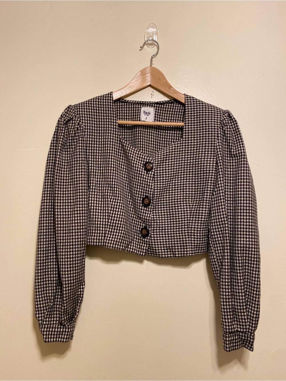 TACH Clothing Black and White Gingham Cropped Button-Front Blouse. Size S